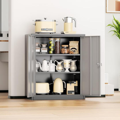 INTERGREAT Metal Garage Storage Cabinet, 36" Locking Counter Cabinet with 2 Locking Doors and 2 Adjustable Shelves, Small Steel Cabinet for for Home Office, Gym, School(Black Grey)