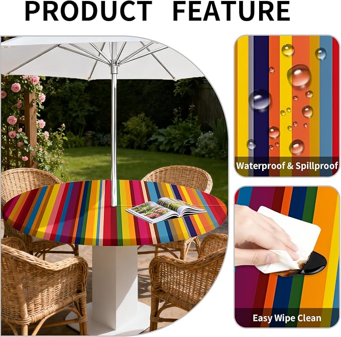 Outdoor Tablecloth with Umbrella Hole and Zipper Fits 32-36" Tables | Waterproof Round Fitted Tablecloth with Elastic Edge, Wipeable Outdoor Table Cover for Patio, Garden, Picnic