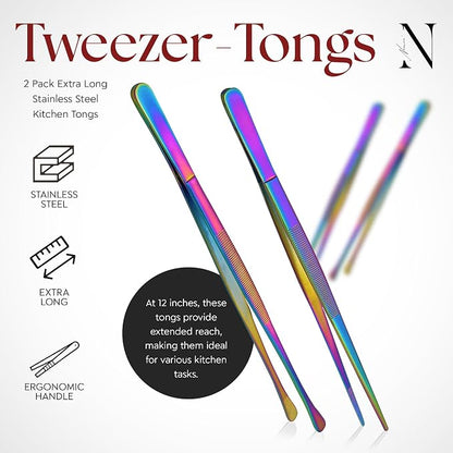 Namre' Tweezer Tongs – 2 Pcs 12- Inch 18/10 Stainless Steel Cooking Tongs for BBQ, Grilling, Plating & Serving – Professional Chef Tongs (Rainbow)