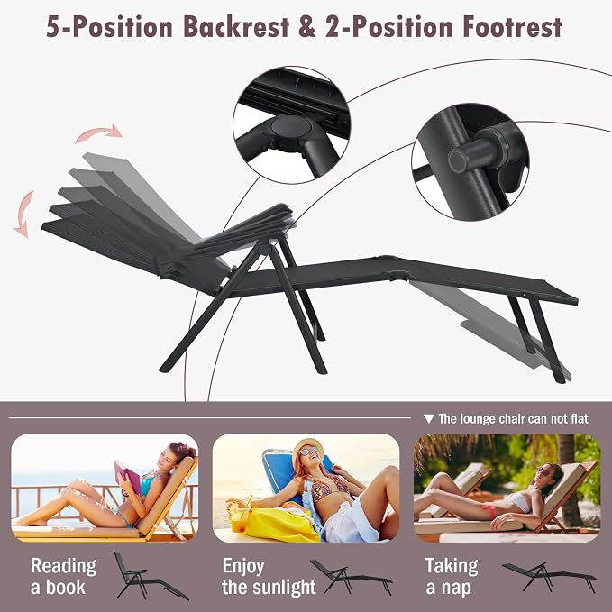 Tangkula Folding Lounge Chair Outdoor, Recliner Chaise Lounge with 5-Position Adjustable Backrest & 2-Position Footrest, No Assembly Required, Suitable for Patio Poolside Beach Yard (1, Black)