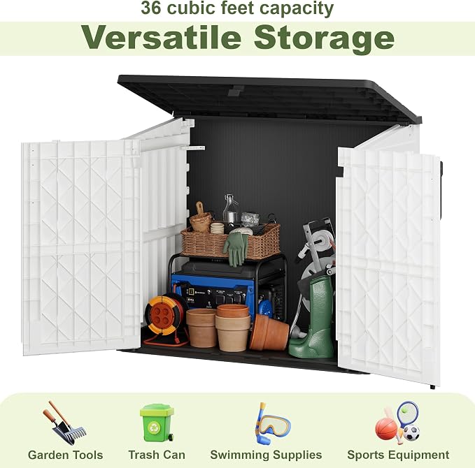 Plastic Outdoor Storage Shed, 36 Cu Ft Waterproof Outdoor Storage Cabinet with Dual Lock Door for Backyard, Patio, Garage, Garden to Store Tools & Accessories, Wood-Grain（Ashen