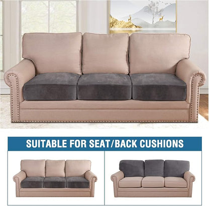 H.VERSAILTEX Velvet Stretch Couch Cushion Cover Plush Cushion Slipcover for Chair Loveseat Sofa Cushion Furniture Protector Seat Cushion Sofa Cover (3 Piece XL Sofa Cushion Covers, Grey)