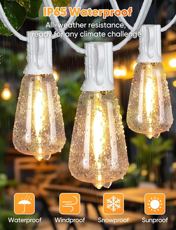 Brightever Outdoor String Lights with Remote, 200FT LED Patio Lights with 62 ST38 LED Filament Bulbs, 3 Lighting Modes, 3H/5H Timer, Waterproof IP65 String Light for Outside, E12 Socket Base, White