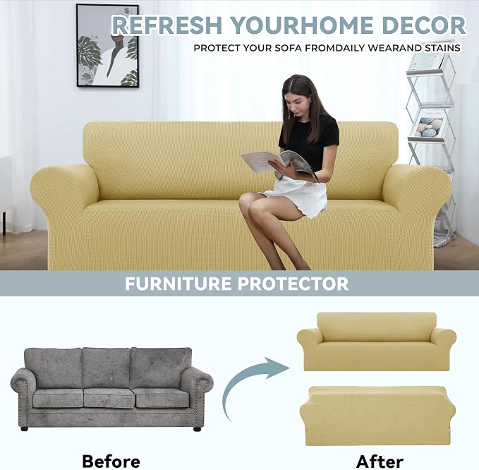 LURKA Stretch Sofa Slipcovers 1 Piece Couch Covers for 3 Cushion Couch Sofa Furniture Protector Full Sofa Covers with Elastic Bottom for Kids and Dog (Champagne, Large)