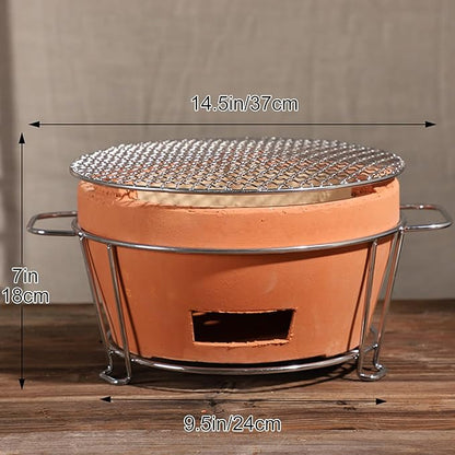 Clay Charcoal Stove, Multifunctional Pottery Barbecue Stove, Portable Ceramic Grill, Tabletop BBQ Grill for Home, Picnic, Camping, Tea Making and Outdoor Cooking(14.5x7in 37x18cm)