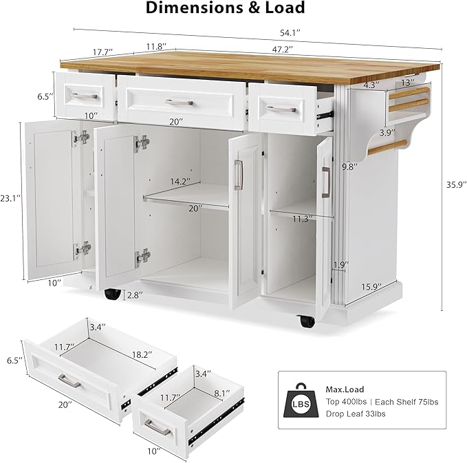 Ball & Cast Modern Large Kitchen Island with Rubber Wood Drop Leaf, Embossed Texture Rolling Cart on 4 Wheels W/4 Doors & 3 Drawers, Mobile Storage Kitchen Islands W/Storage for Dining Room,White,54"