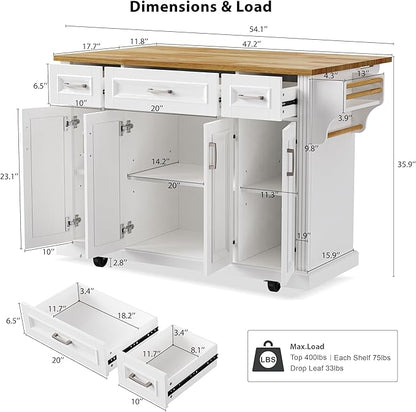 Ball & Cast Modern Large Kitchen Island with Rubber Wood Drop Leaf, Embossed Texture Rolling Cart on 4 Wheels W/4 Doors & 3 Drawers, Mobile Storage Kitchen Islands W/Storage for Dining Room,White,54"