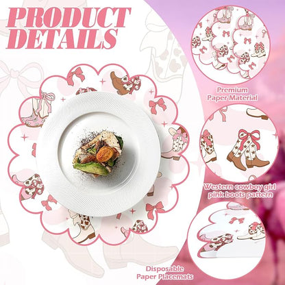 100 Pcs Cowgirl Party Paper Placemats 13.5 Inch Scalloped Pink Bow Paper Placemat Disposable Coquette Decorative Table Mat for Western Themed Birthday Bachelor Baby Shower Wedding Decoration