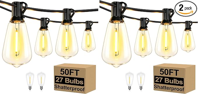 50FT Outdoor String Lights 27 Bulbs, Waterproof Patio Lights (Pack of 2)