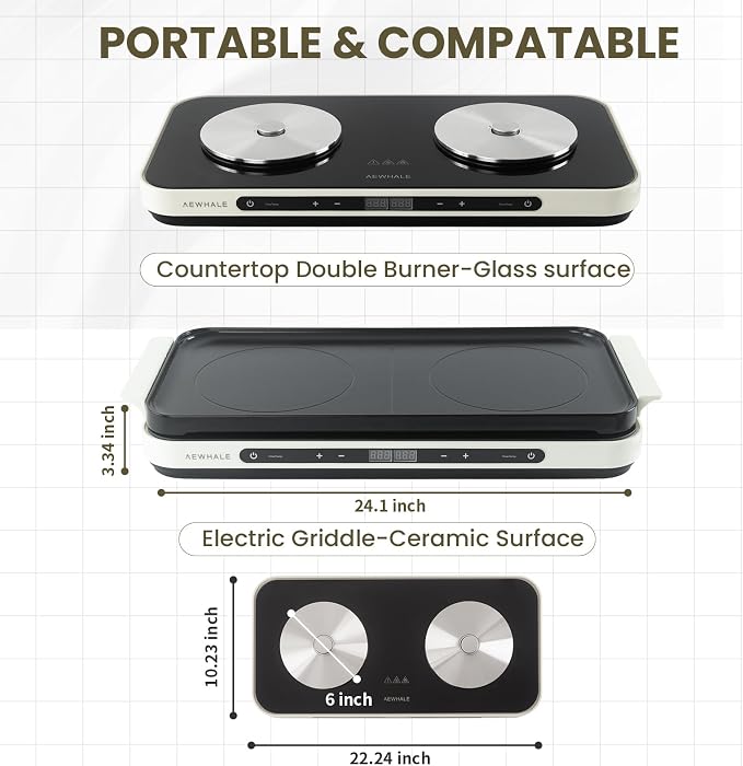 AEWHALE Electric Glass Cooktop 2 Burners | Removable Griddle Pan, Ceramic Non-stick, 900W+900W, Sensor Touch, Adjustable Temperature/Time