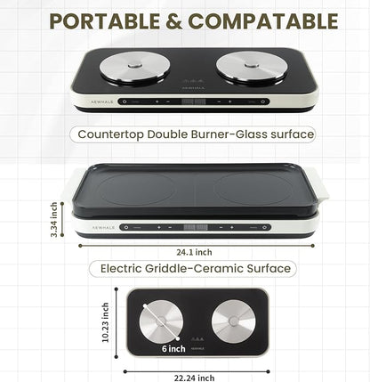 AEWHALE Electric Glass Cooktop 2 Burners | Removable Griddle Pan, Ceramic Non-stick, 900W+900W, Sensor Touch, Adjustable Temperature/Time