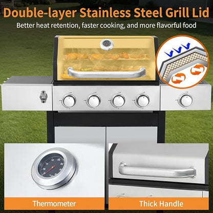 4 Burner Propane Gas Grill, 49,000 BTU Outdoor BBQ Grill with Cast Iron Grates & Griddle Combo, Large Cooking Area with Side Burner, Pullout Grease Tray, Portable for Backyard Patio