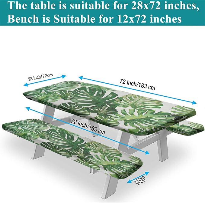 Tropical Picnic Table Cover with Bench Covers, 3 Pieces Set, Monstera Leaf Palm Tree Print Rectangular Picnic Fitted Tablecloth and Bench Covers, 72X28 Inch, Green, for Outdoor and Camping Use