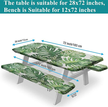 Tropical Picnic Table Cover with Bench Covers, 3 Pieces Set, Monstera Leaf Palm Tree Print Rectangular Picnic Fitted Tablecloth and Bench Covers, 72X28 Inch, Green, for Outdoor and Camping Use