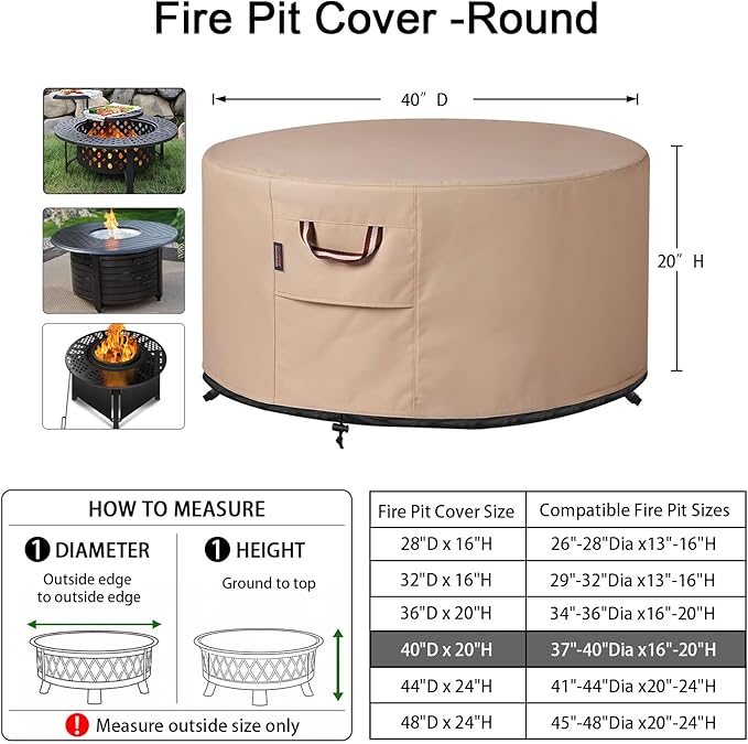 QH.HOME Fire Pit Cover Round-37-40 Inch Heavy Duty 900D Strong Tear-Resistant and UV Resistant and Waterproof and Fading Resistant Material Polyester Firepit Covers for Outdoor Fire Pit-Wheat