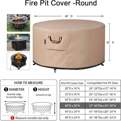 QH.HOME Fire Pit Cover Round-37-40 Inch Heavy Duty 900D Strong Tear-Resistant and UV Resistant and Waterproof and Fading Resistant Material Polyester Firepit Covers for Outdoor Fire Pit-Wheat