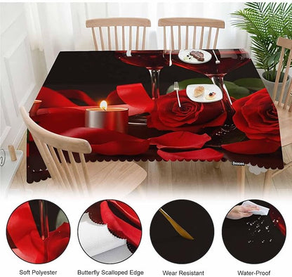 Wine Table Cloth Rectangle Table 52"X70", Romantic Red Wine Glasses Rose Wipeable Table Cover for Dinner Kitchen, Indoor Outdoor Tablecloth for Party Banquets Weddings
