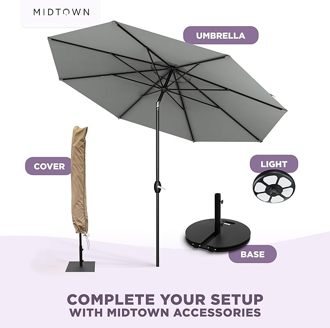 Midtown Umbrellas - 10-Year-No-Fade 8 Ft Patio Umbrella with Terylast Fabric, Auto-Tilt Aluminum Frame and 8 Reinforced Ribs for Deck, Pool, Garden & Beach - Matter Grey Canopy, Black Pole