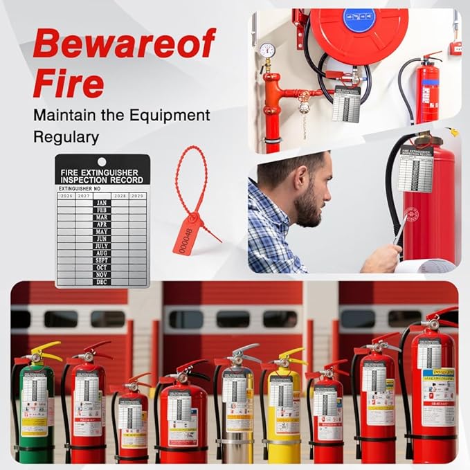 50 Sets 2026–2029 Fire Extinguisher Tags Aluminum Metal Inspection Record Tags 2.2 x 3 Inch with Hole Puncher & Numbered Security Zip Ties for Monthly Fire Extinguisher Inspection Indoor Outdoor