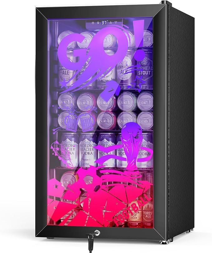 Small Beverage Refrigerator with LED Light Up Door – 128 Can Freestanding Drink Fridge, Mini Beer Cooler with 4 Removable Shelves, Child Safety Lock for Party Bar Gaming Room,World Cup Edition