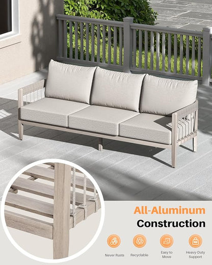 3-Seater Outdoor Aluminum Sofa, Never-Rust Patio Sofa Couch with Faux Wood Grain Finish Frame, Rope Weave Outdoor Sofa with Extra Thick Cushions, Outdoor Patio Couch for Deck, Porch, Garden