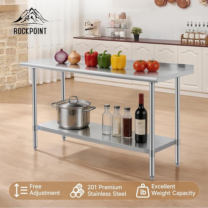 ROCKPOINT All Stainless Steel Perp Table with Backsplash 24x60 Inch, Commercial Heavy Duty Table with Stainless Legs & Adjustable Undershelf, 850 lb Capacity for Restaurant,Home and Outdoor Kitchens