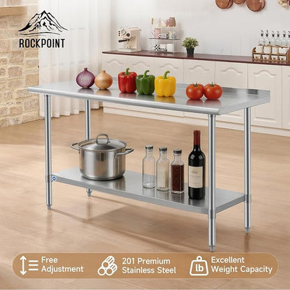 ROCKPOINT All Stainless Steel Perp Table with Backsplash 24x60 Inch, Commercial Heavy Duty Table with Stainless Legs & Adjustable Undershelf, 850 lb Capacity for Restaurant,Home and Outdoor Kitchens