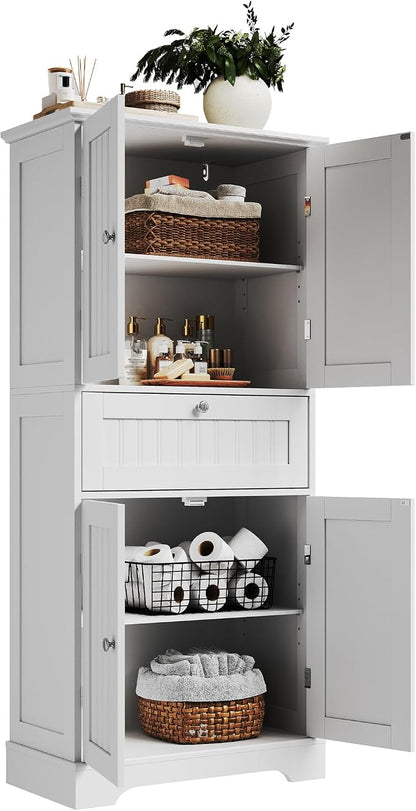 ChooChoo 51" H Bathroom Floor Cabinet with Drawers and Adjustable Shelves | Bathroom Storage Cabinet, Freestanding Kitchen Pantry Cupboard with 4 Doors for Living Room, White