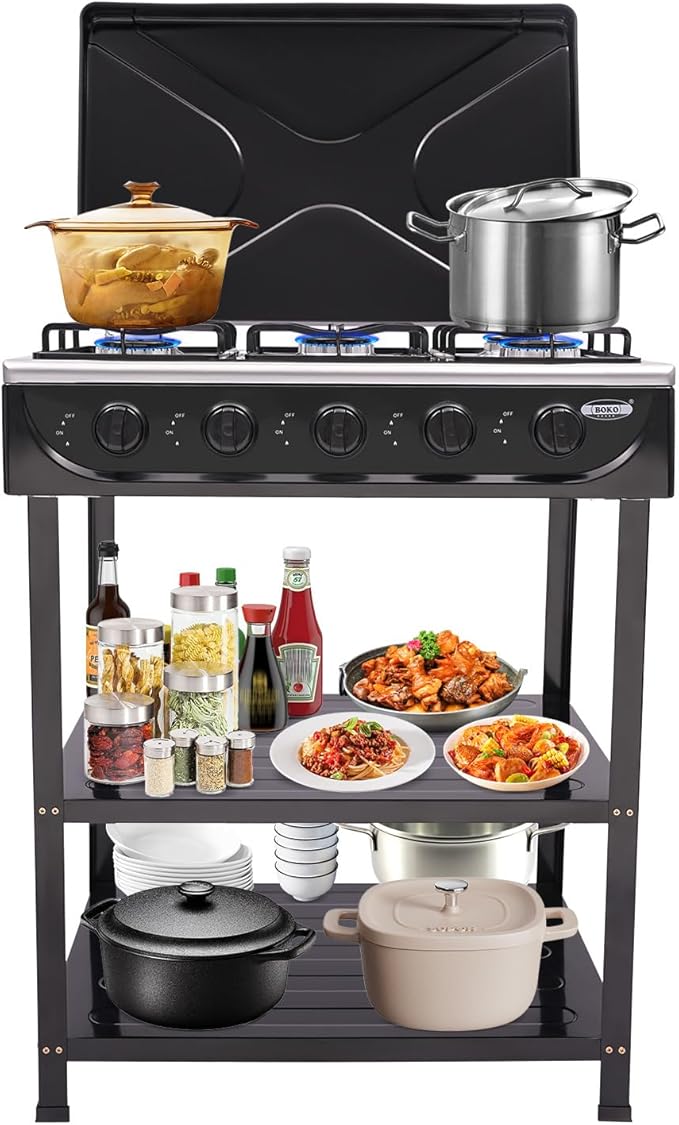 5 Burner Gas Stove, Portable Natural Gas Stove with Support Leg Stand and Wind Blocking Cover Adapter, Manual Ignition Camping Stove, ideal for Home Cooking, RV, Apartment, Commercial Purpose (Black)