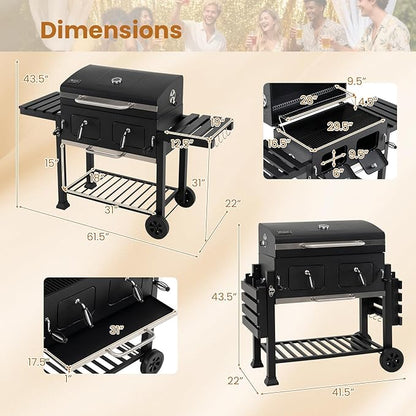HAPPYGRILL Charcoal Grill, 752 sq.in Oversized Outdoor Smoker BBQ Grill with Individual Lifting Charcoal Trays, Folding Side Tables, Thermometer, Wheels, Bottle Opener & Protective Cover, Black