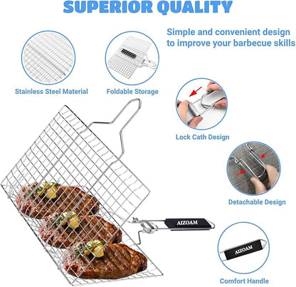 Shallow Grill Basket Fish Grill Basket, Fish Grilling Basket BBQ Fish Grill Baskets for Outdoor Grill,Grill Basket with Removable Handle. Perfect for Grilling Fish Fillets
