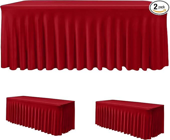 2 Pack Red Tablecloths Spandex Table Covers 6ft for Christmas Decor | Fitted Stretch Tablecloth 30 X 72 Inch, Wrinkle Resistant Ruffle Design For Banquet Supplies, Holiday Essentials