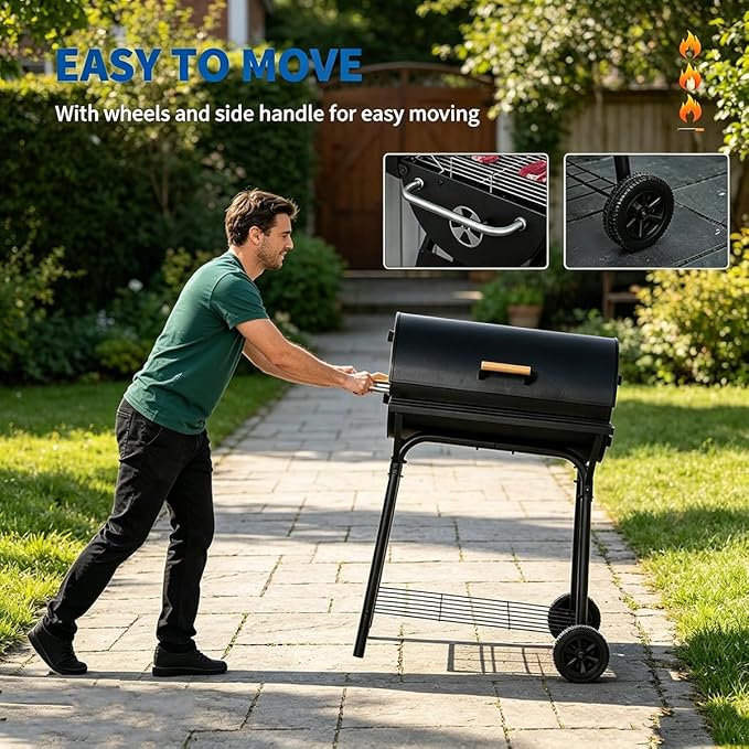 Portable Charcoal Grill with Foldable Side Shelf & Bottom Shelf, BBQ Smoker with Wheels and Adjustable Lid Vents for Picnic, Camping, Backyard Cooking (32.25" x 30" x 40.5")