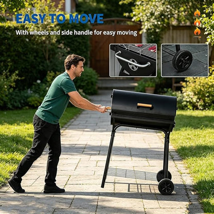 Portable Charcoal Grill with Foldable Side Shelf & Bottom Shelf, BBQ Smoker with Wheels and Adjustable Lid Vents for Picnic, Camping, Backyard Cooking (32.25" x 30" x 40.5")
