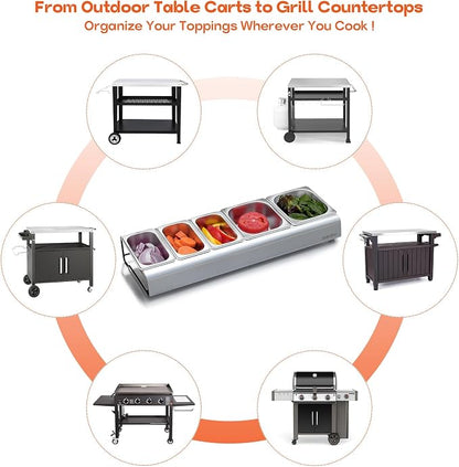 Onlyfire Pizza Topping Station, Stainless Steel Condiment Seasoning Containers with Lid and 5 Compartment Trays for Prepping Ingredients and Toppings, Pizza Oven Accessories Outdoor