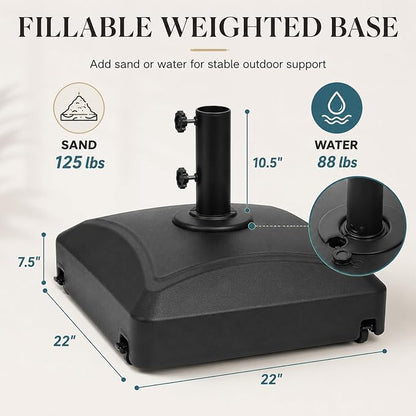 125 Lbs Fillable Mobile Umbrella Base, Heavy Duty Square Stand Built with 4 Rolling Wheels, Stable Outdoor Holder for Patio Deck Lawn and Poolside Market Parasols, Black