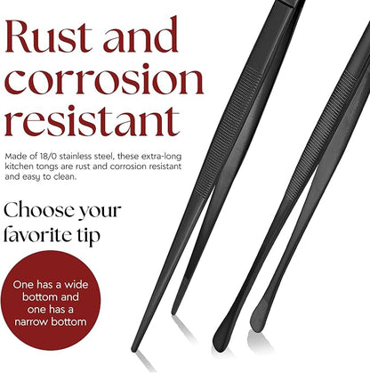Namre Tweezer Tongs– 2 Pcs 12- Inch Stainless Steel 18/10 Thin Chopstick Precise & Strong Chef Tweezers for Food & Small Objects, Cooking Tongs for BBQ and Grills - 12 Inch - (Black)