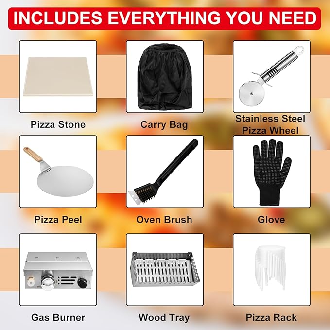 Outdoor Wood Fired Gas 12'' Pizza Oven Multi-Fuel, Gas Burner, Wood Tray, Portable, Oven Grill, Outside, Backyard, Pizza Maker, oven gloves, Peel, Cutter (Gas Fire)