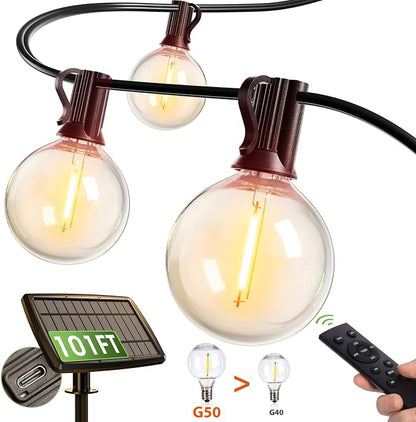 addlon 100FT Solar String Lights for Outside G50 Waterproof | with USB Port Solar Patio Lights Outdoor Solar Powered LED Bulbs 3 Light Modes for Backyard Porch Garden Market Bistro