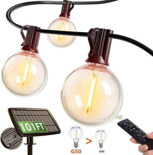 addlon 100FT Solar String Lights for Outside G50 Waterproof | with USB Port Solar Patio Lights Outdoor Solar Powered LED Bulbs 3 Light Modes for Backyard Porch Garden Market Bistro