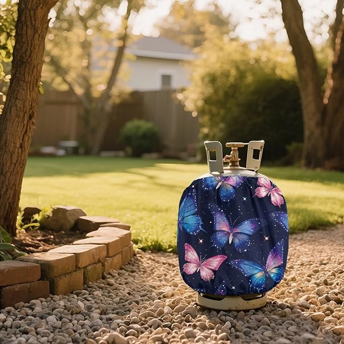 Propane Tank Covers 20lb Retro Outdoor Heavy Duty Waterproof Windproof Gas Tank Cylinder Cover with Elastic Brand, Dress up Your Gas Grill Butterfly