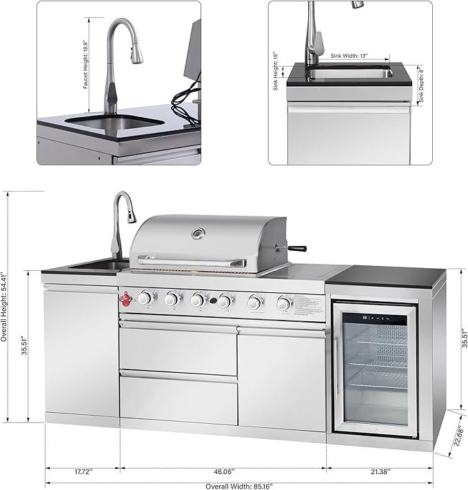 85" Modular Outdoor Kitchen Island with Grill and Side Burner, 4-Burner 71,500 BTU Propane BBQ Island, Refrigerator, Sink & Rotisserie, for Backyard and Patio Cooking, Silver