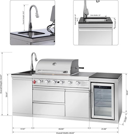 85" Modular Outdoor Kitchen Island with Grill and Side Burner, 4-Burner 71,500 BTU Propane BBQ Island, Refrigerator, Sink & Rotisserie, for Backyard and Patio Cooking, Silver