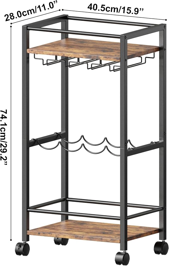 Bar Cart, Home Bar Serving Cart, Mobile Kitchen Carts with Wheels, Small Rolling Cart with Wine Rack and Glass Holders, Rolling Beverage Cart for Kitchen, Dining Room, Living Room, Rustic Brown