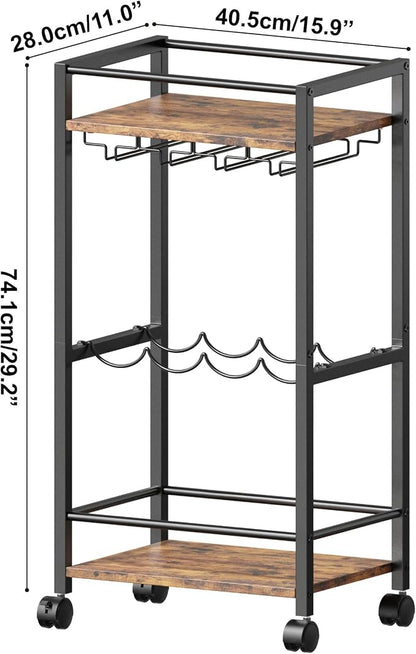 Bar Cart, Home Bar Serving Cart, Mobile Kitchen Carts with Wheels, Small Rolling Cart with Wine Rack and Glass Holders, Rolling Beverage Cart for Kitchen, Dining Room, Living Room, Rustic Brown