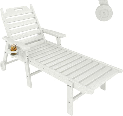 HDPE Lounge Chair Outdoor with Cup Holder, 5-Position Backrest & Wheels | All-Weather & Wood Textured for Patio Poolside Deck Backyard, White