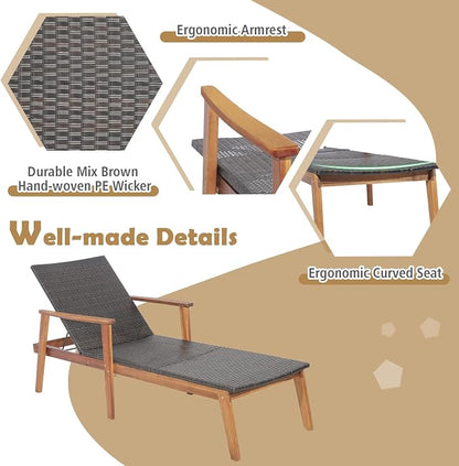 COSTWAY Patio Rattan Chaise Lounge Chair Recliner Back Adjustable Acacia Wood Garden