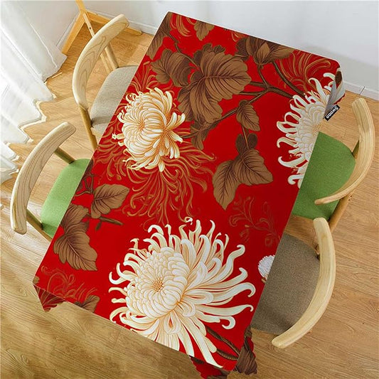 Swono Japanese Flower Table Cover Retro Blossom Chrysanthemum 50x72 Inch Table Cloth for Rectangle Tables Buffet Parties Coffee BBQ and Dinning Tablecloth, Golden Red