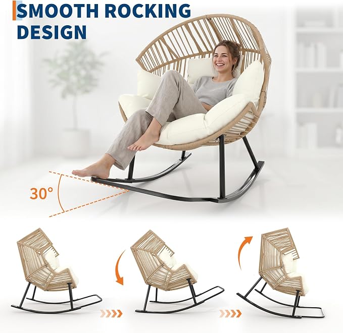 Garvee Wicker Rocking Egg Chair with Extra-Soft Pillow and Thick Cushion | Oversized Ergonomic Rattan Lounge Rocker for Outdoor & Indoor, Living Room, Backyard & Garden – Cream Cushion, Wicker Frame