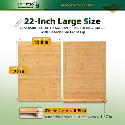 BAMOTTO CRAFTBAMBOO 15.8x22 Inch Large Bamboo Cutting Board, Reversible with Juice Grooves & Detachable Lip, Stovetop Cover and Sink Cover Board for Kitchen Counter